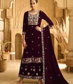 Maroon embroderied work velvet palazzo suit