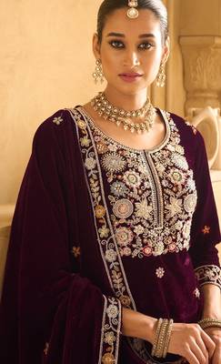 Maroon embroderied velvet palazzo suit 2