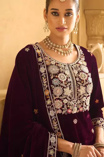 Maroon embroderied velvet palazzo suit