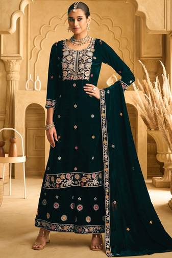 Dark green embroderied work velvet palazzo suit
