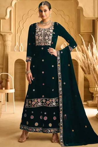 Dark green embroderied work velvet palazzo suit