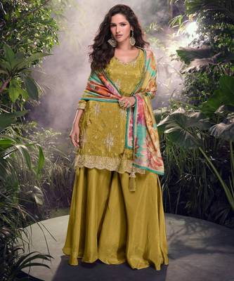 Mustard embroderied shimmer stitched plazo suit (free size) 1