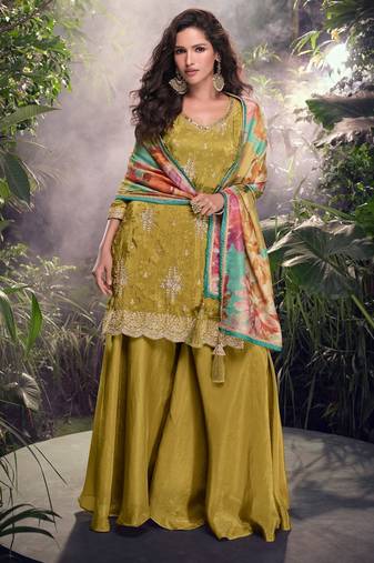 Mustard embroderied shimmer stitched plazo suit (free size)