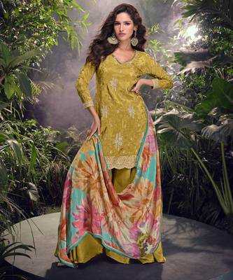 Mustard embroderied shimmer stitched plazo suit (free size) 2