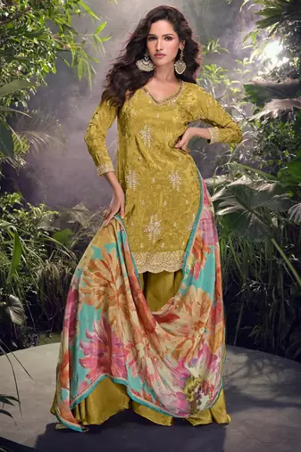 Mustard embroderied shimmer stitched plazo suit (free size)