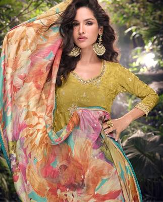 Mustard embroderied shimmer stitched plazo suit (free size) 3