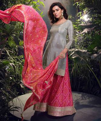 Grey embroderied shimmer stitched palazzo suit(free size) 1