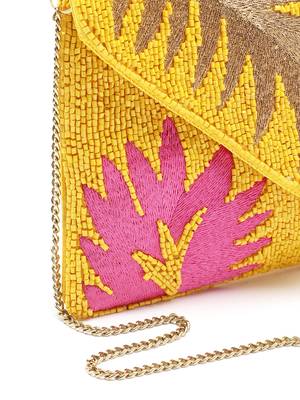 Beaded Botanica Sunshine Yellow, Fushcia and Gold Palm Leaf Embroidered Satin Sling Bag 7