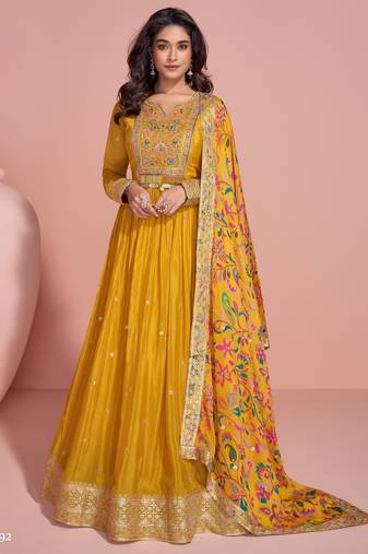 Yellow embroderied silk anarkali suit - full stitched free size