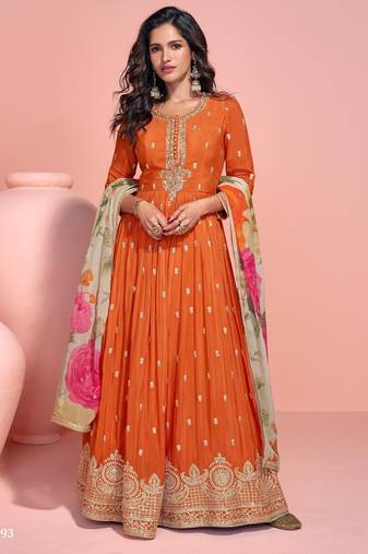 Orange embroderied silk anarkali suit- full stitched free size