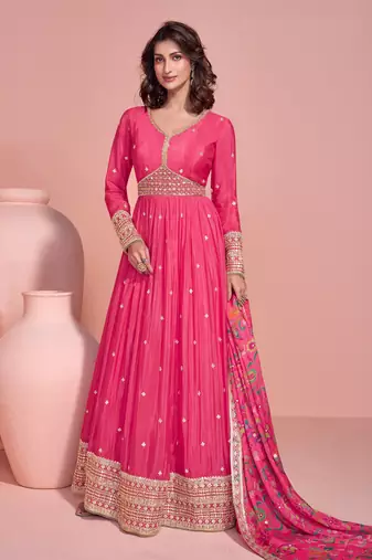 Pink embroderied silk anarkali suit - Full stitched free size