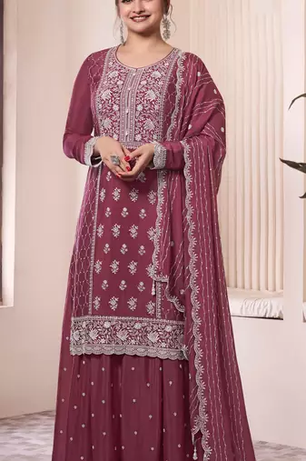 Maroon embroderied work silk semi-stitched sharara suit