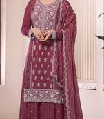 Maroon embroderied work silk semi-stitched sharara suit