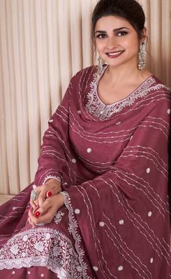 Maroon embroderied work silk semi-stitched sharara suit 2
