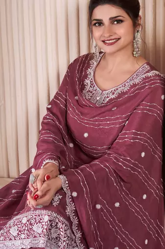 Maroon embroderied work silk semi-stitched sharara suit