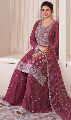 Maroon embroderied work silk semi-stitched sharara suit 3