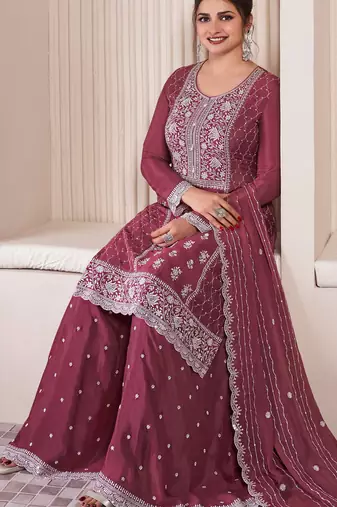 Maroon embroderied work silk semi-stitched sharara suit