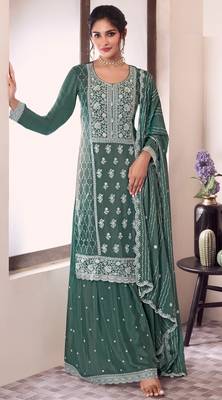 Green embroderied silk sharara suit 1