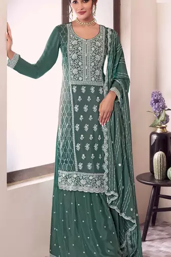 Green embroderied work silk sharara suit