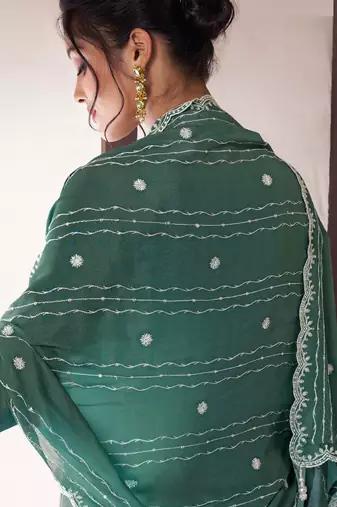 Green embroderied silk sharara suit