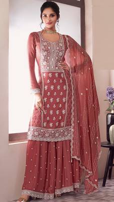 Peach embroderied silk sharara suit 1