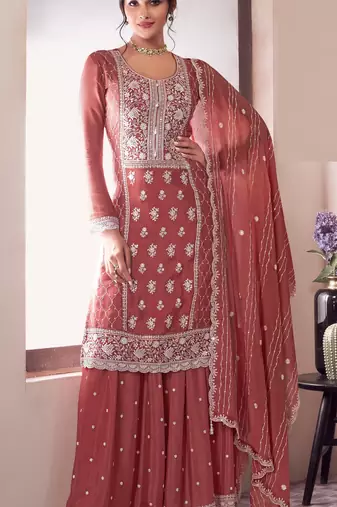 Peach embroderied work silk sharara suit