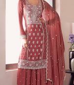 Peach embroderied work silk sharara suit