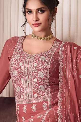 Peach embroderied silk sharara suit