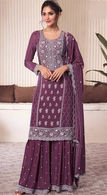 Wine embroderied silk sharara suit 1