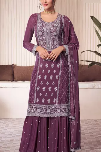 Wine embroderied work silk sharara suit