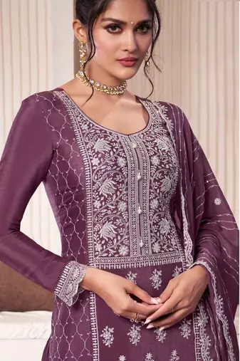 Wine embroderied silk sharara suit