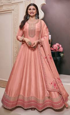 Peach embroderied silk anarkali suit 1