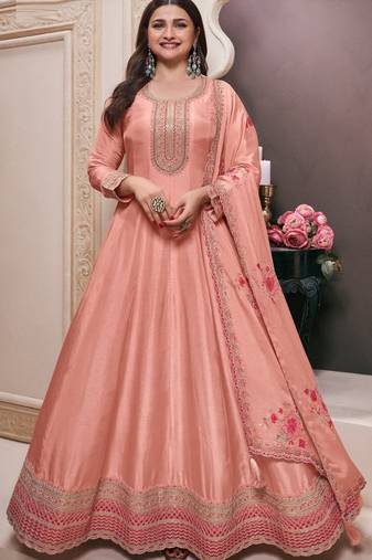 Peach embroderied work silk anarkali suit