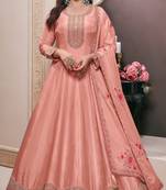 Peach embroderied work silk anarkali suit