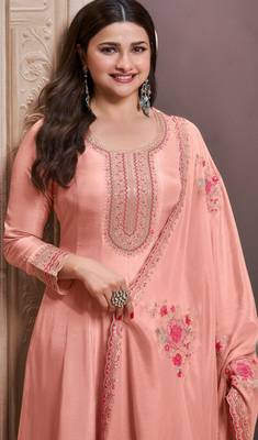 Peach embroderied silk anarkali suit 2