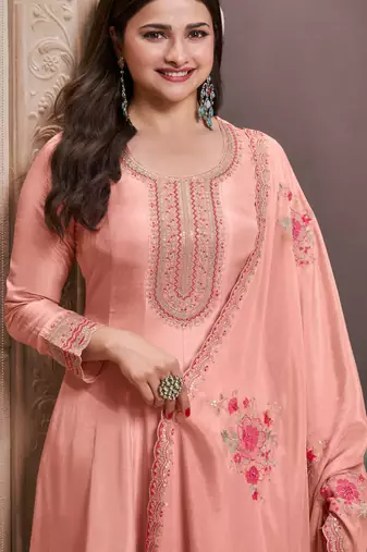 Peach embroderied silk anarkali suit