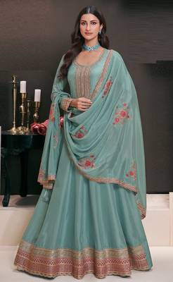 Teal embroderied silk anarkali suit 1