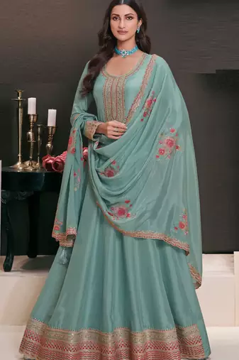 Teal embroderied work silk anarkali suit