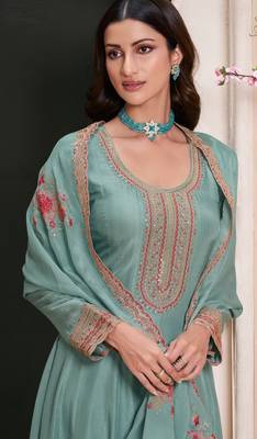 Teal embroderied silk anarkali suit 2
