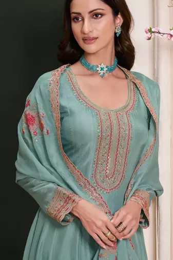 Teal embroderied silk anarkali suit