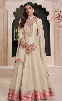 Cream embroderied silk anarkali suit 1
