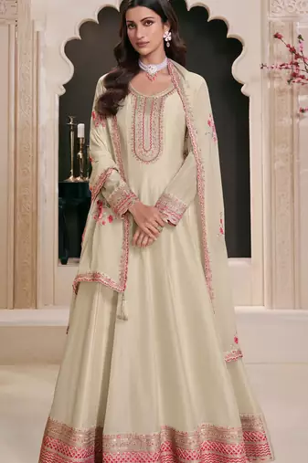 Cream embroderied work silk anarkali suit