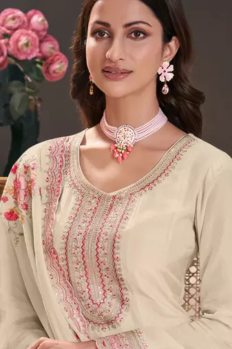 Cream embroderied silk anarkali suit
