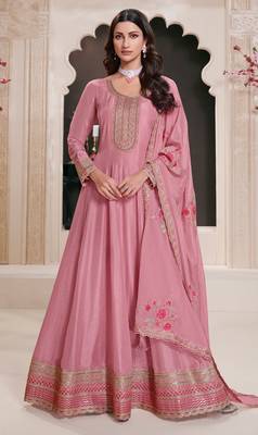 Pink embroderied silk anarkali suit 1