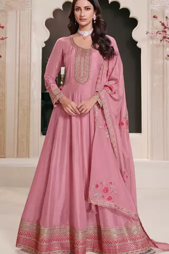 Pink embroderied work silk anarkali suit
