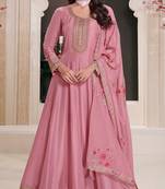 Pink embroderied work silk anarkali suit