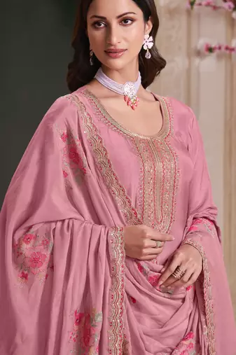 Pink embroderied silk anarkali suit