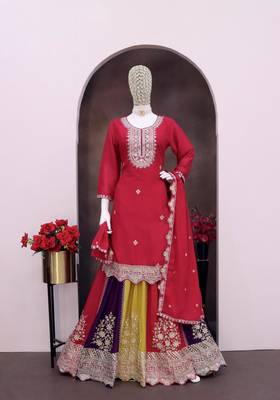 Magenta heavy chinon free size stitched suit with embroidered sequin  1