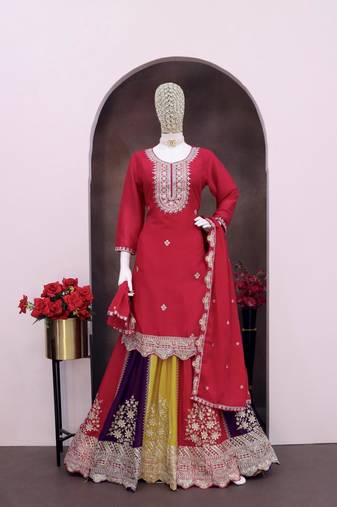 Magenta heavy chinon free size stitched suit with embroidery & sequence work