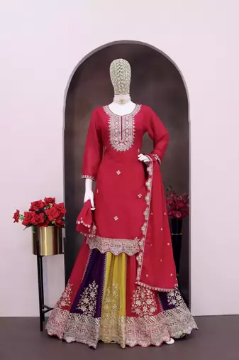 Magenta heavy chinon free size stitched suit with embroidery & sequence work
